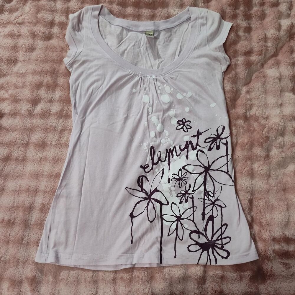Element Eden Graphic Tee Lavender Purple Floral Scoop Neck Milkmaid Top S Y2K